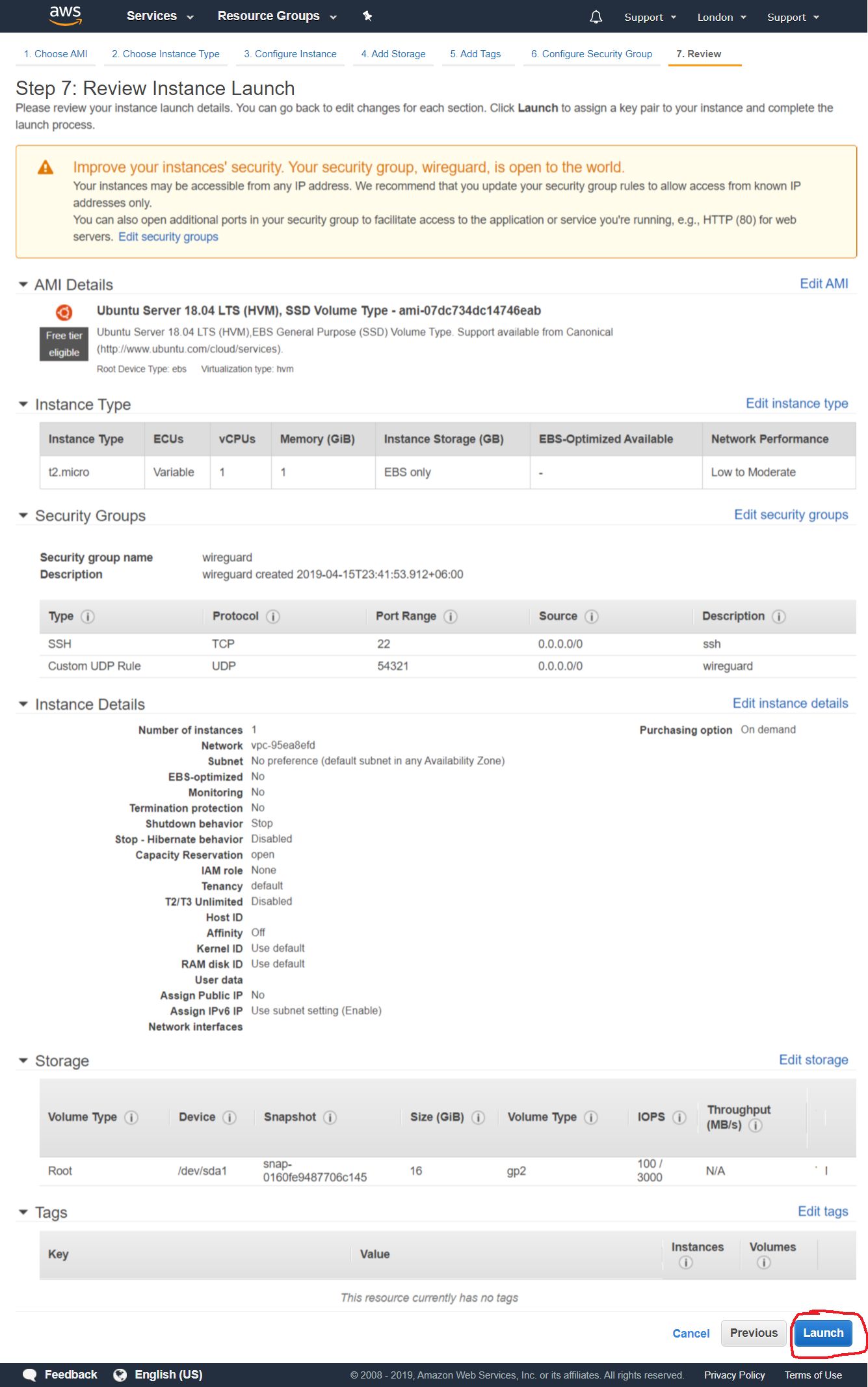 Review Instance Launch settings