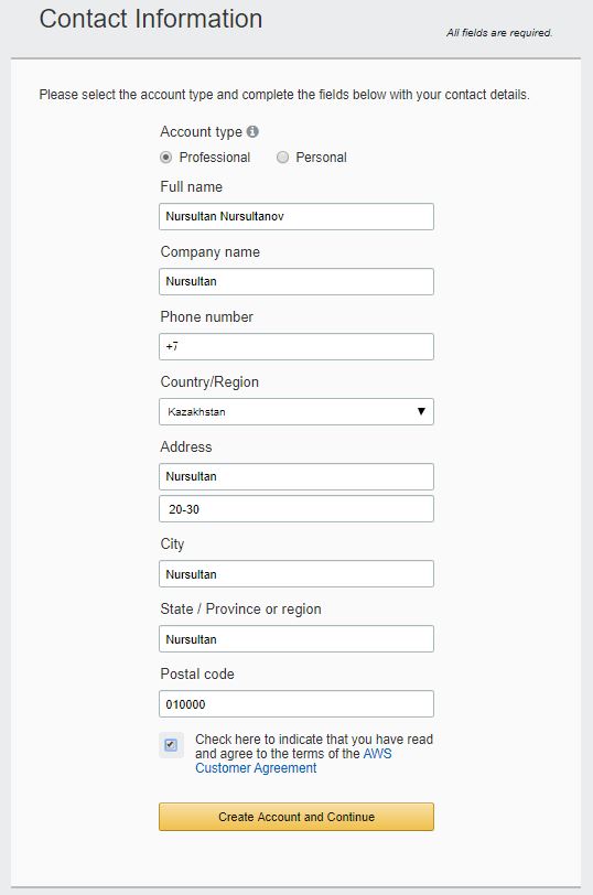 Contact information for AWS account